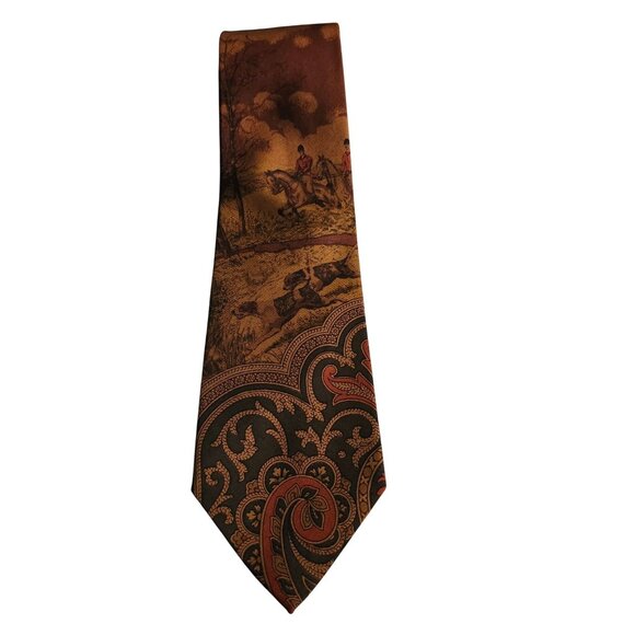 Vintage Polo by Ralph Lauren Equestrian Dogs Hunting Scene Paisley Silk Tie - Picture 1 of 8